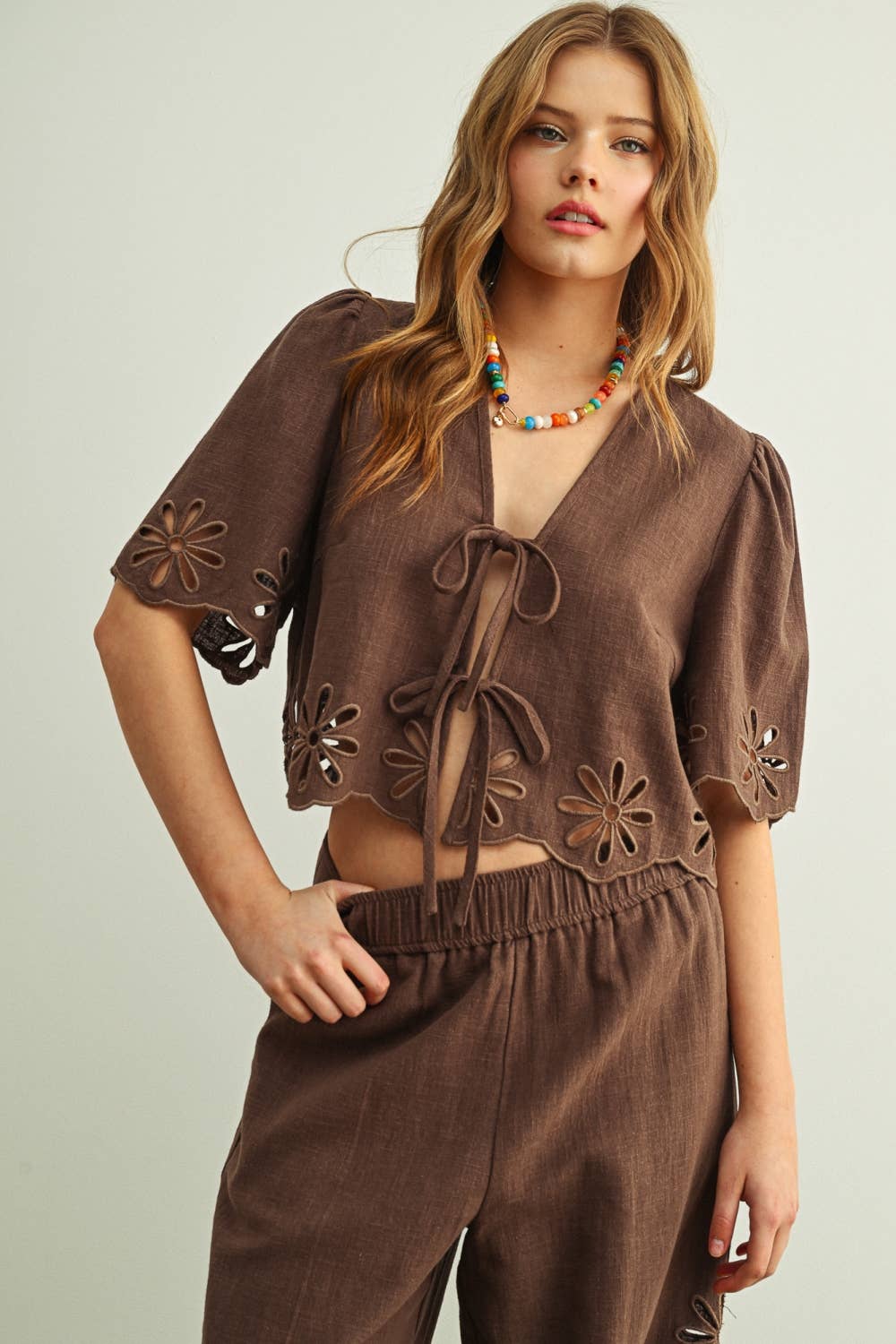 Embroidered Short Sleeve Tie Front Top