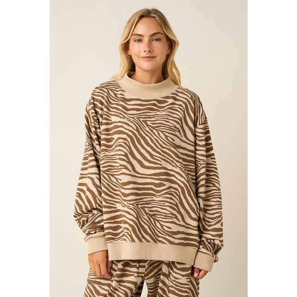 Zebra Print Mock Neck Oversized Sweatshirt