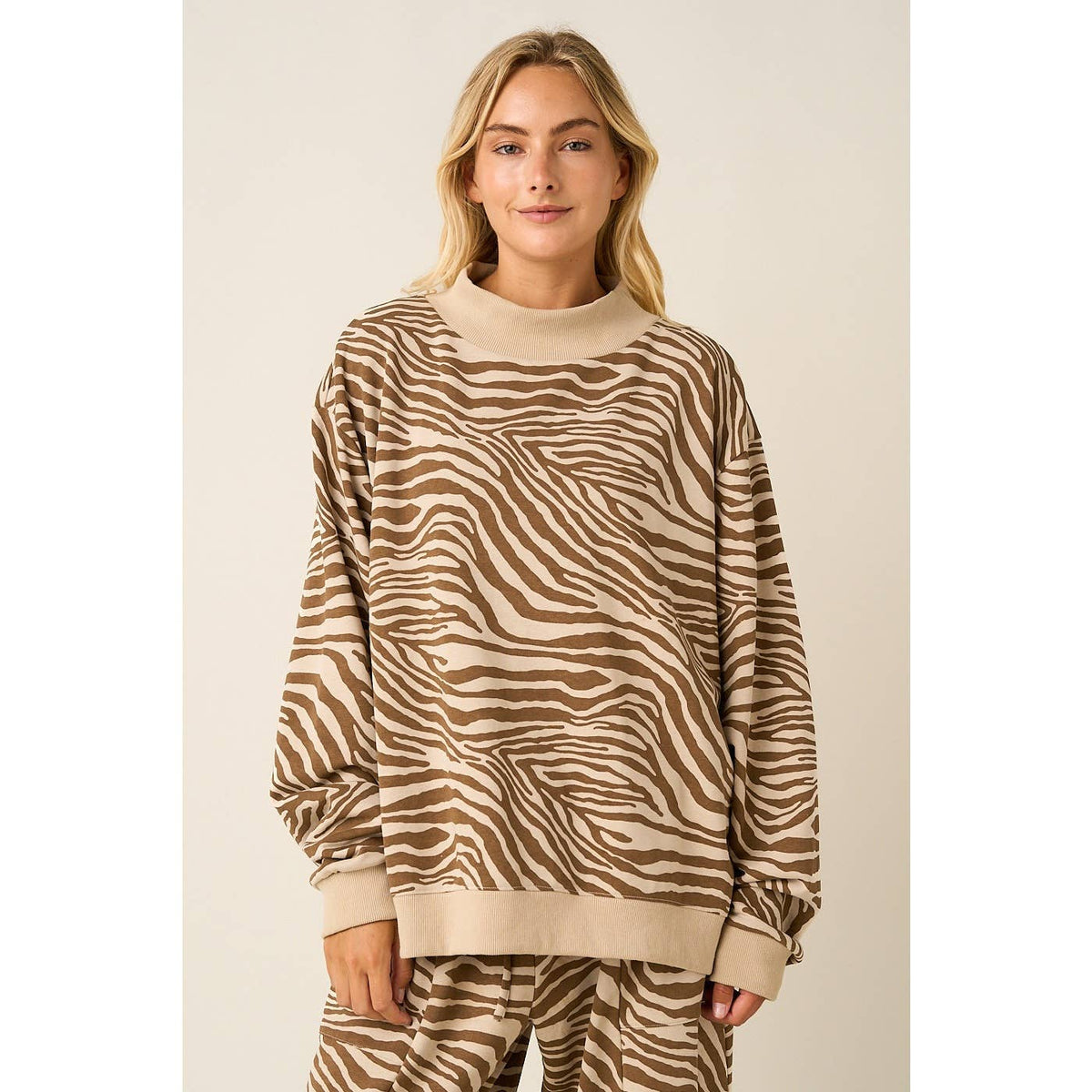 Zebra Print Mock Neck Oversized Sweatshirt