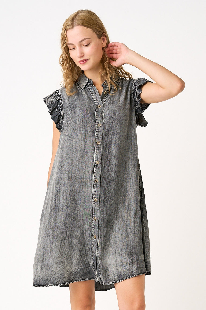 Ruffle Sleeve Buttoned Mini Dress