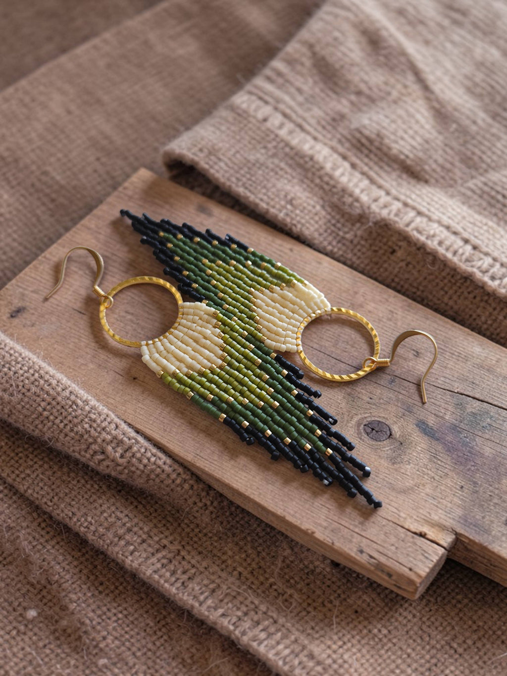 Handwoven Green Fringe Hoop Earrings