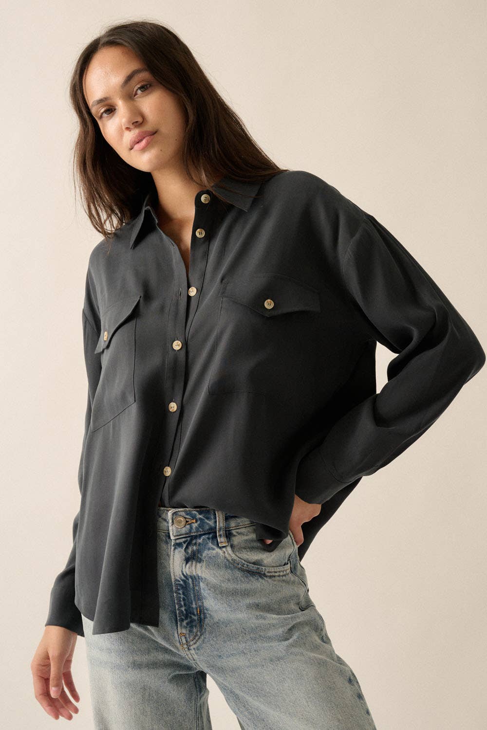 Solid Woven Loose-Fit Button-Up Shirt