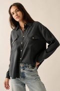 Solid Woven Loose-Fit Button-Up Shirt