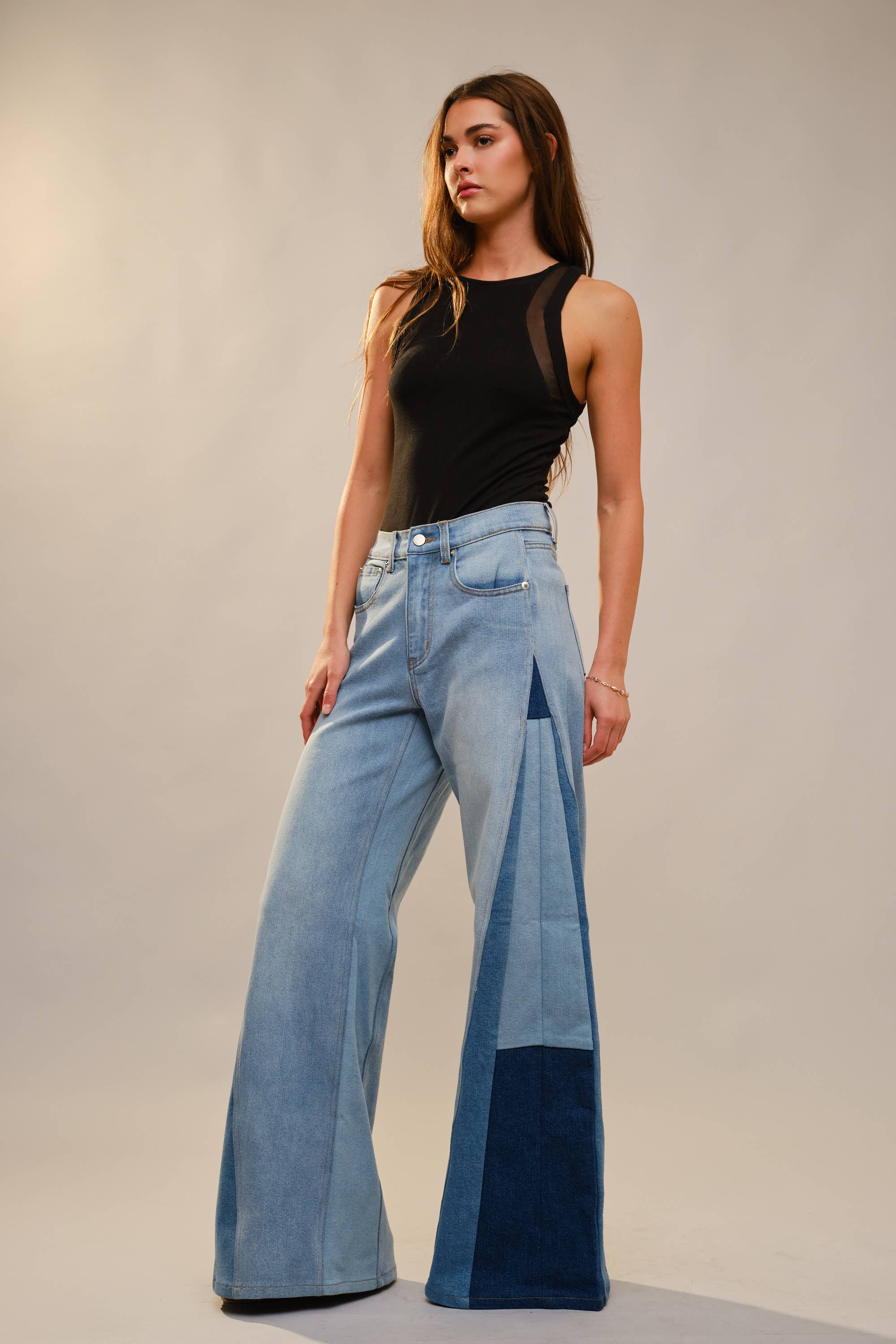 High Rise Super Wide Leg Color Block Jeans