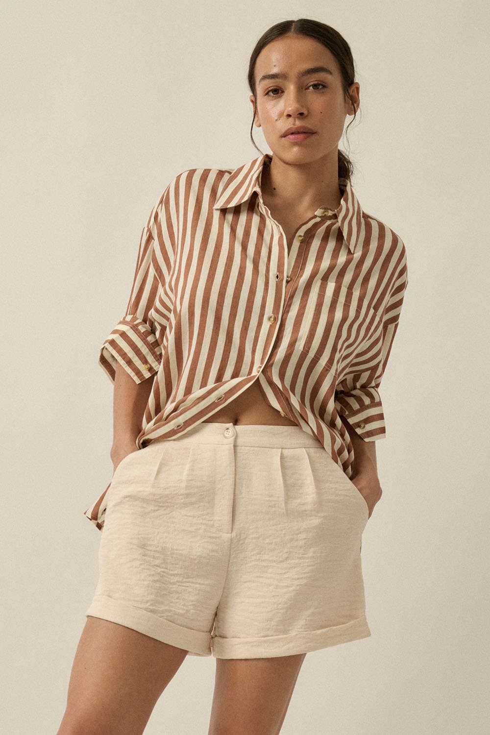 Stripe-Print Woven Cotton Oversized Button-Up Shirt