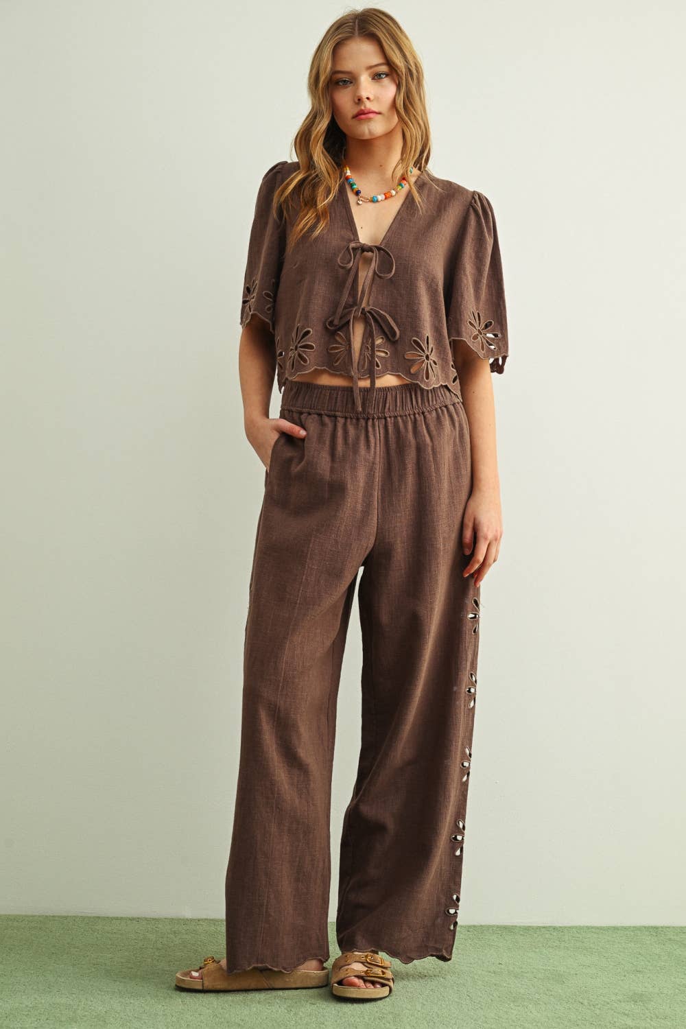 Embroidered Short Sleeve Tie Front Top