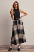 Mock Neck Mixed Media Plaid Midi Dress