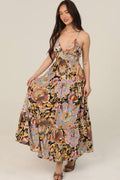 Open Tie Back Printed Maxi Dress