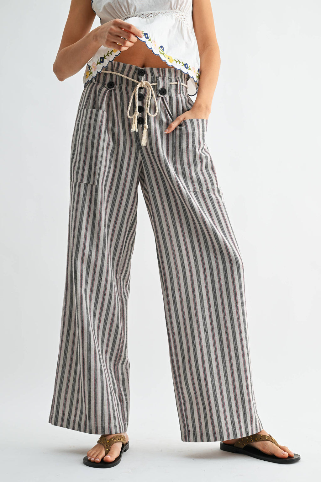 Striped Wide Leg Pants with Drawstring