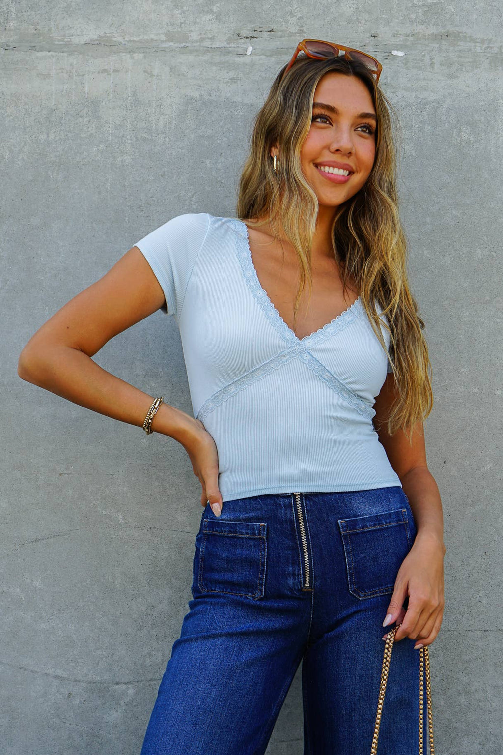 Lace Trim Ribbed V-Neck Top