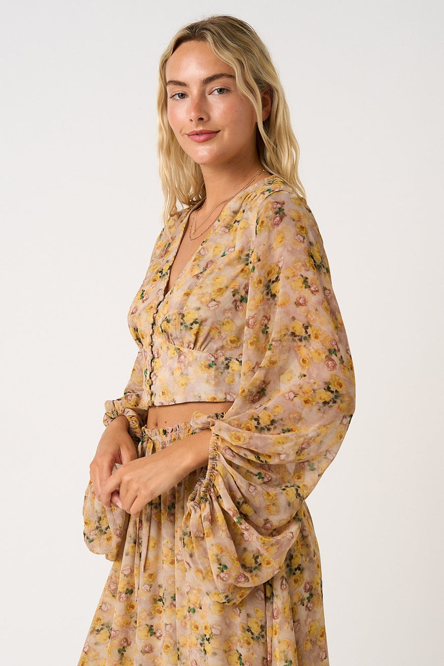 Floral Balloon Sleeve Cropped Blouse