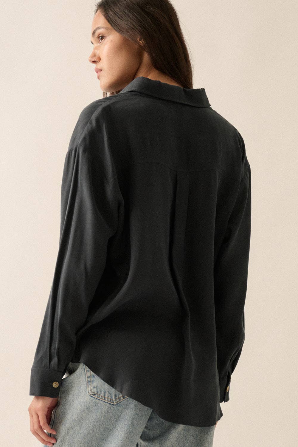 Solid Woven Loose-Fit Button-Up Shirt