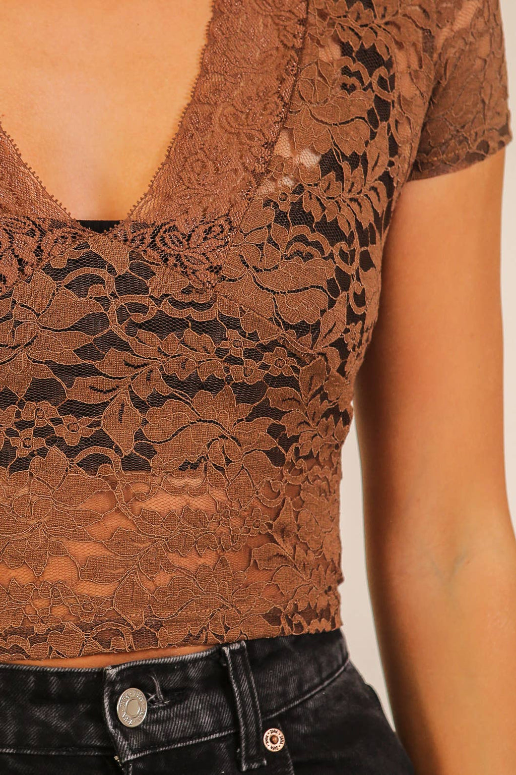 Deep V-Neck Floral Lace Short Sleeve Top