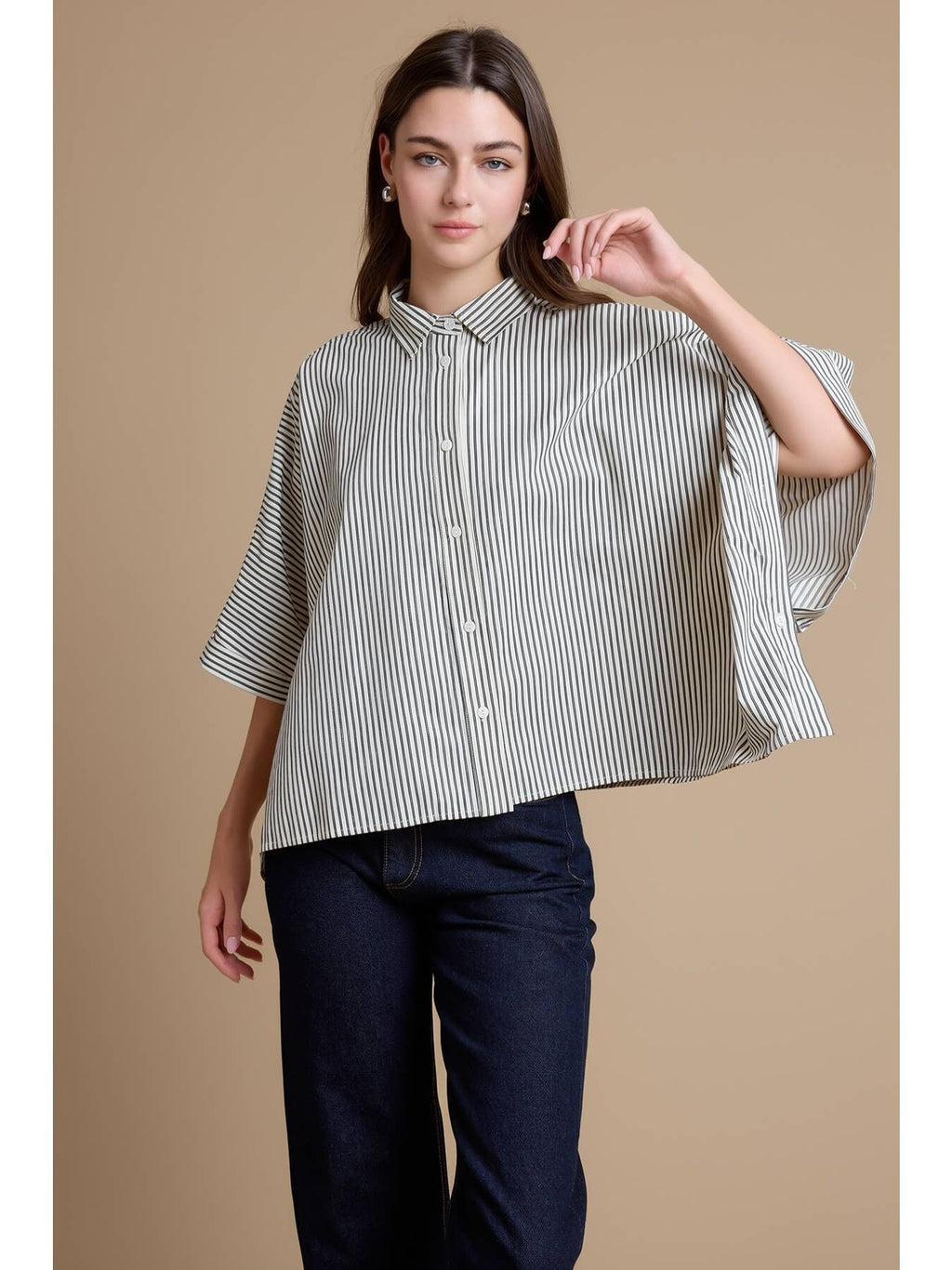 Relaxed Fit Striped Button Down Top