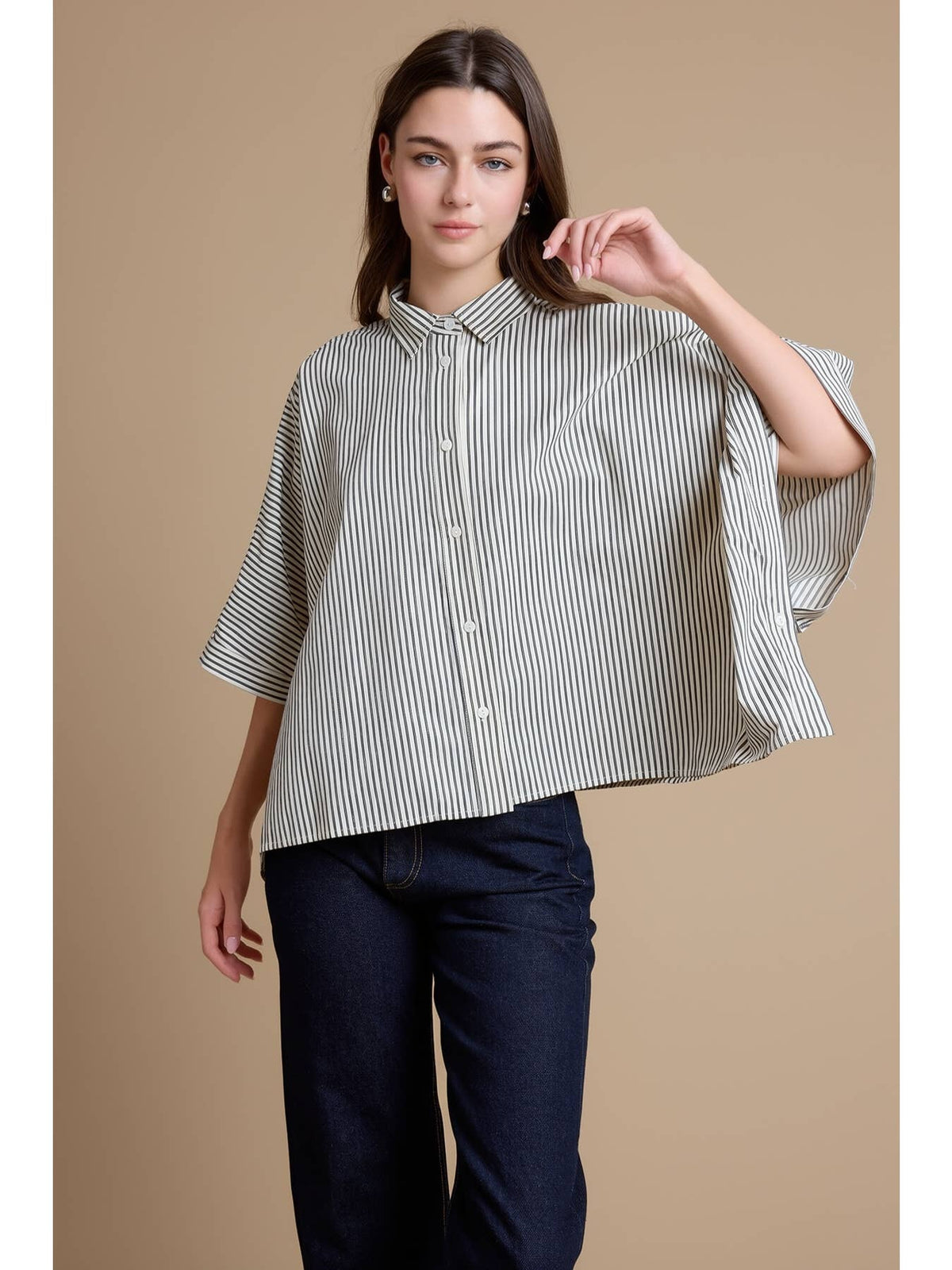 Relaxed Fit Striped Button Down Top