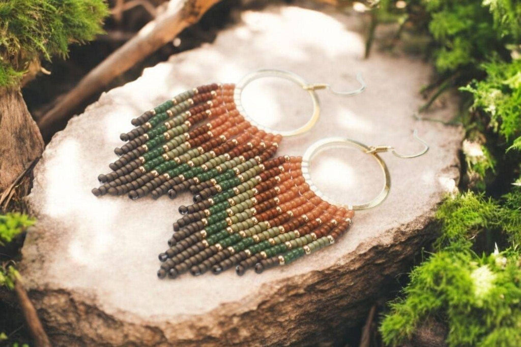 Handwoven Earthy Brown & Green Ombre Fringe Earrings