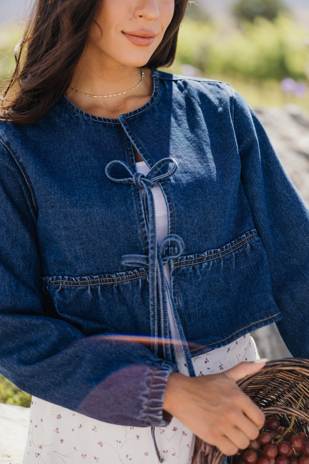 Cropped Denim Jacket With Ties