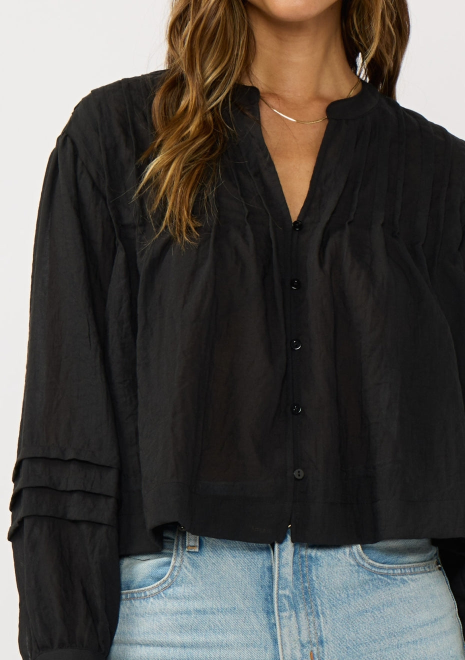 Pintuck Pleated Button-Down Blouse