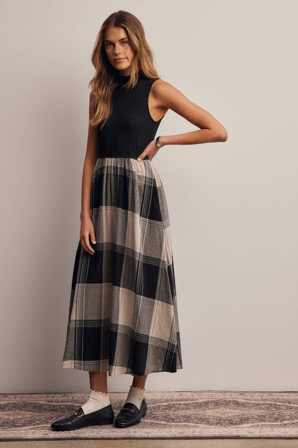 Mock Neck Mixed Media Plaid Midi Dress