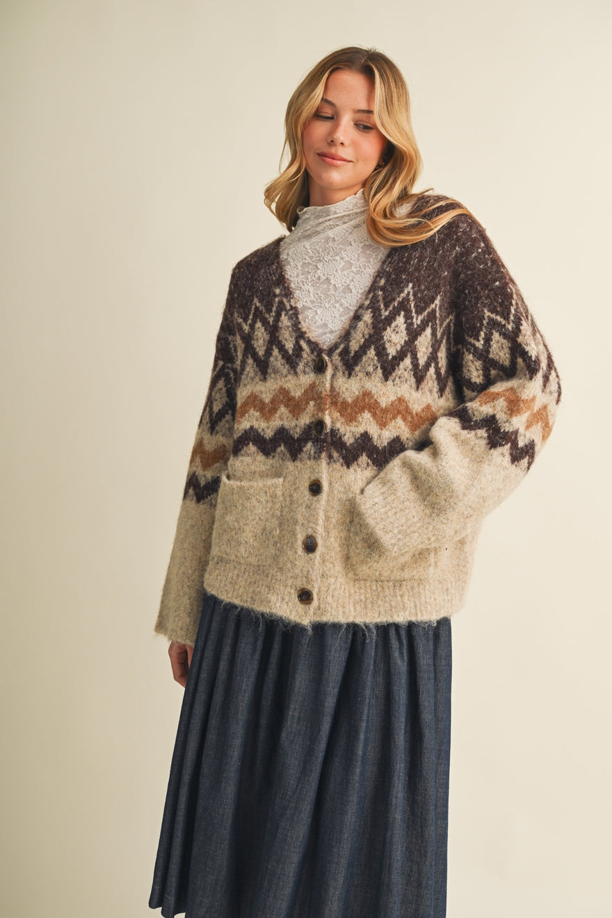 Jacquard Diamond Motif Knit Cardigan
