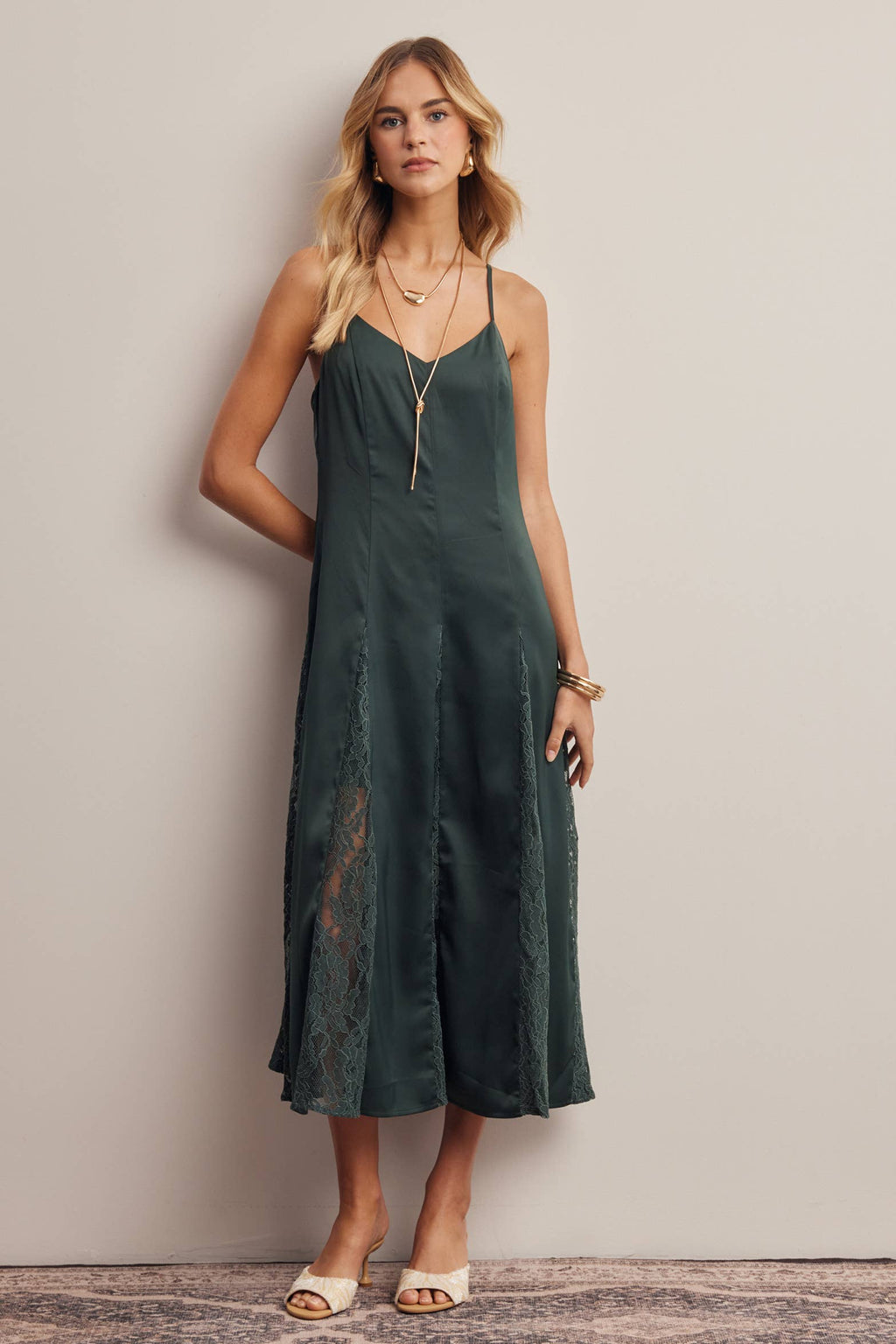 Lace Panel Satin Slip Midi Dress