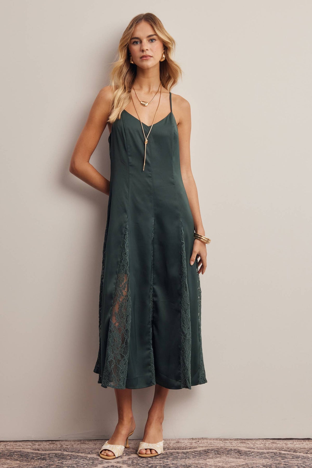 Lace Panel Satin Slip Midi Dress