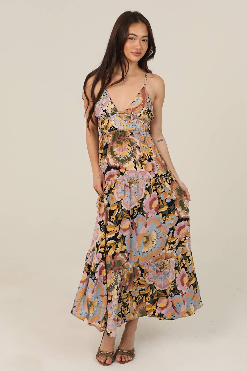 Open Tie Back Printed Maxi Dress