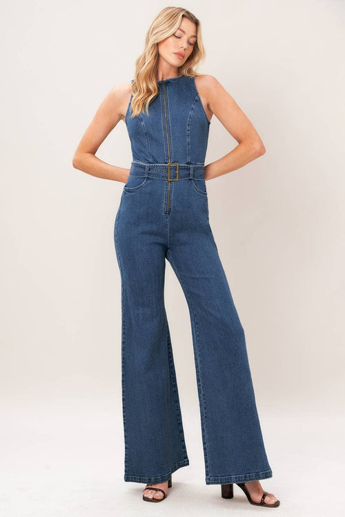 A washed denim jumpsuit