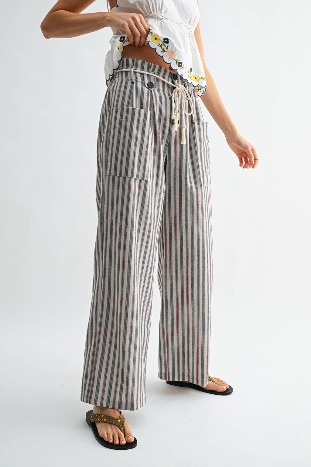 Striped Wide Leg Pants with Drawstring