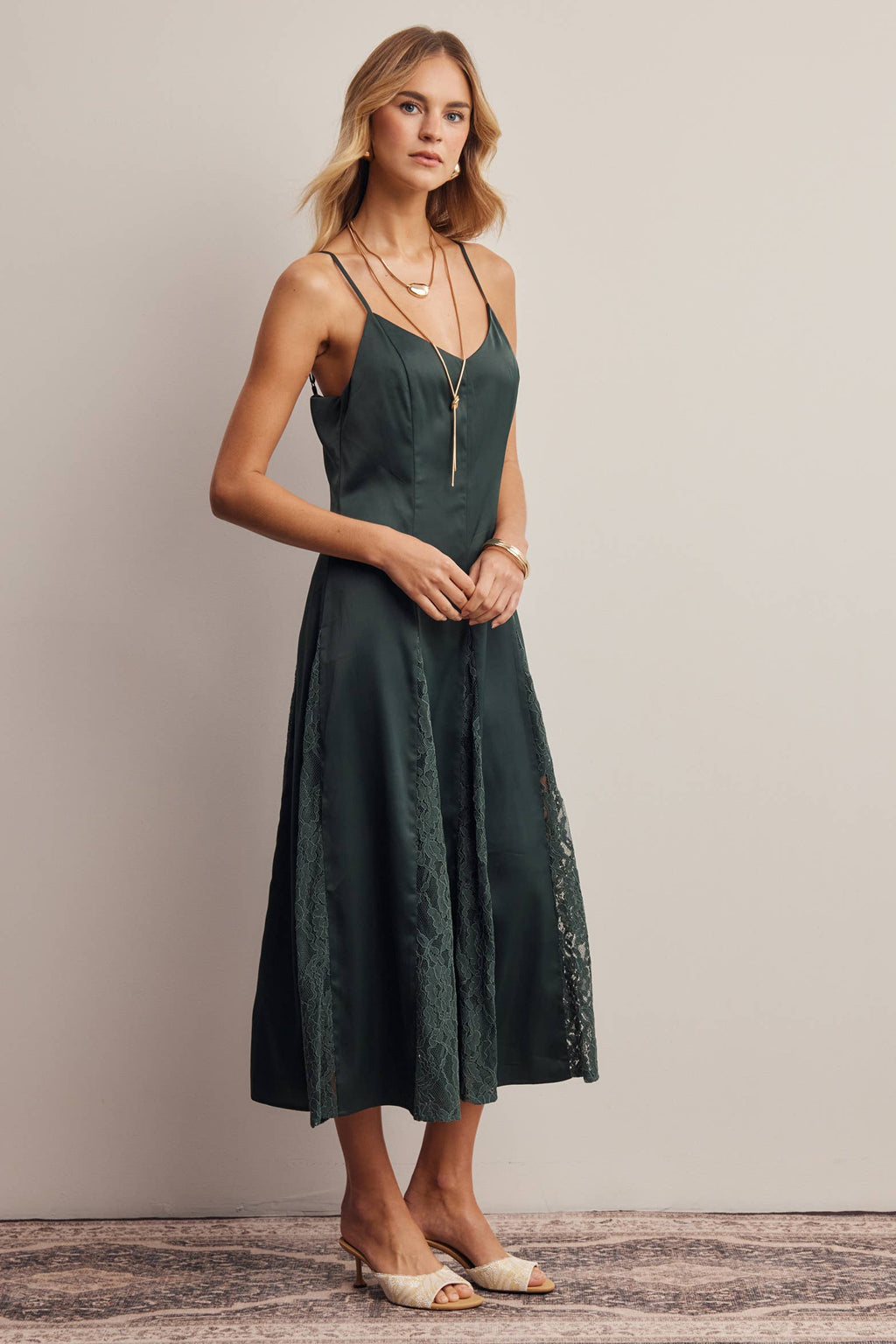 Lace Panel Satin Slip Midi Dress
