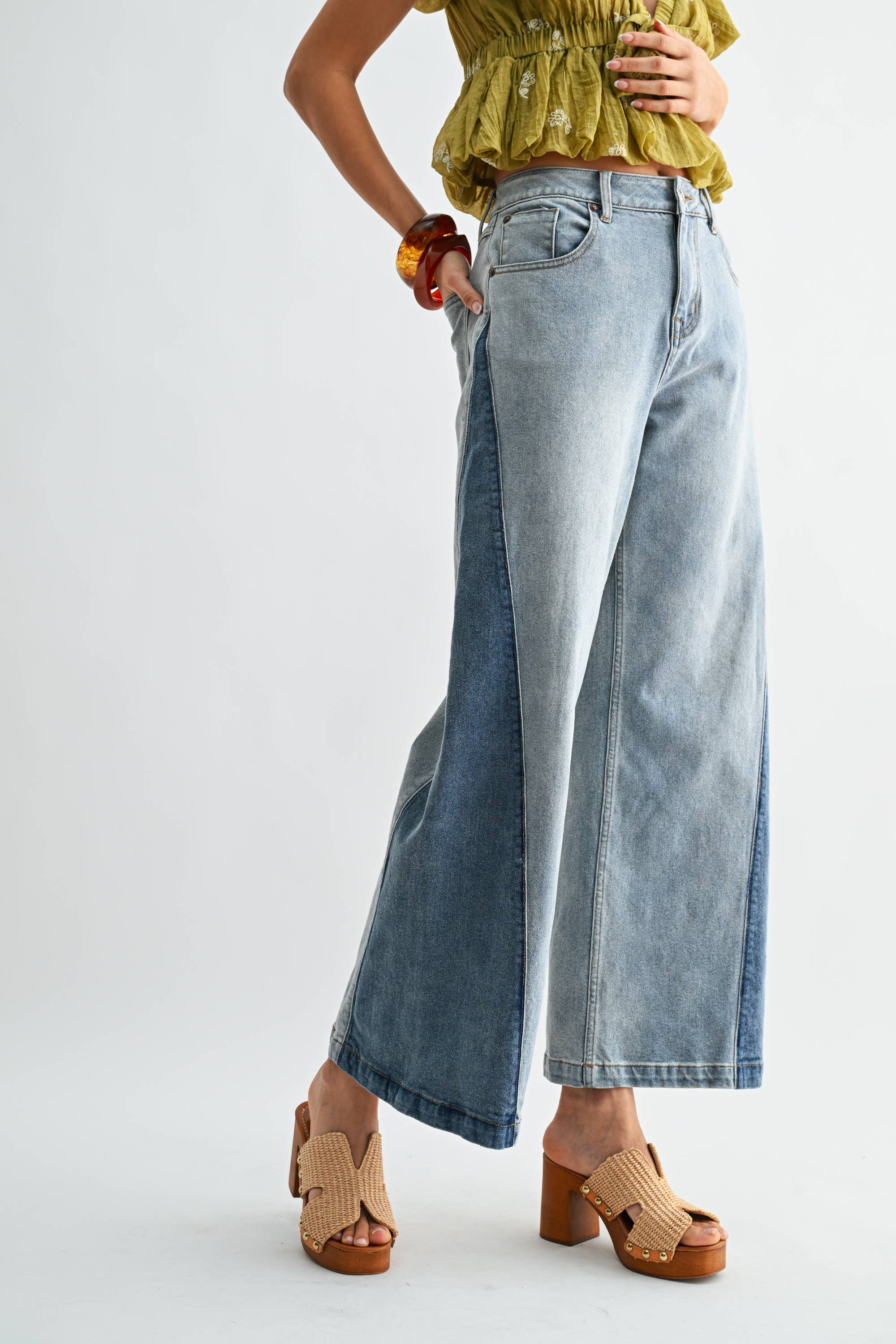 Wide-Leg Two-Tone Jeans