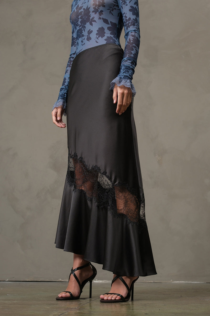 Satin Lace Panel Skirt