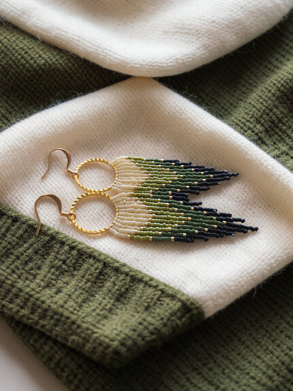 Handwoven Green Fringe Hoop Earrings
