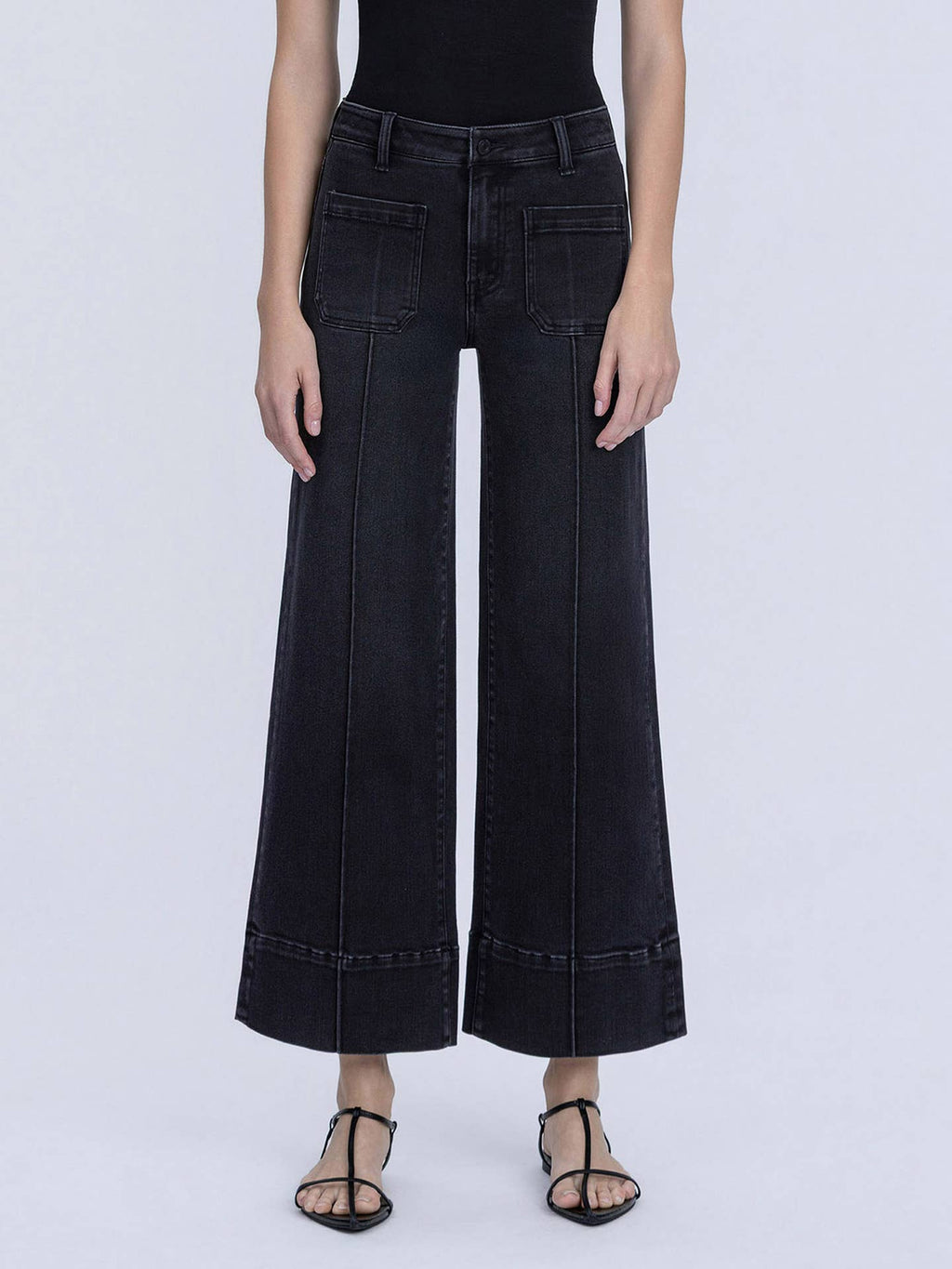 High Rise Patch Pocket Pin Tuck Black Wide Leg Jeans