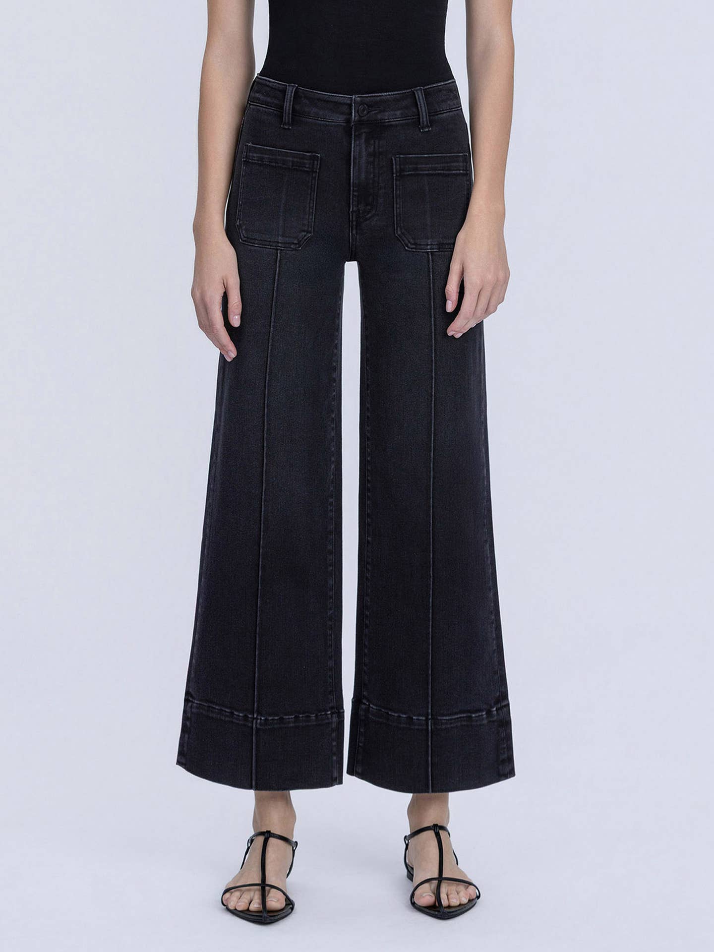 High Rise Patch Pocket Pin Tuck Black Wide Leg Jeans