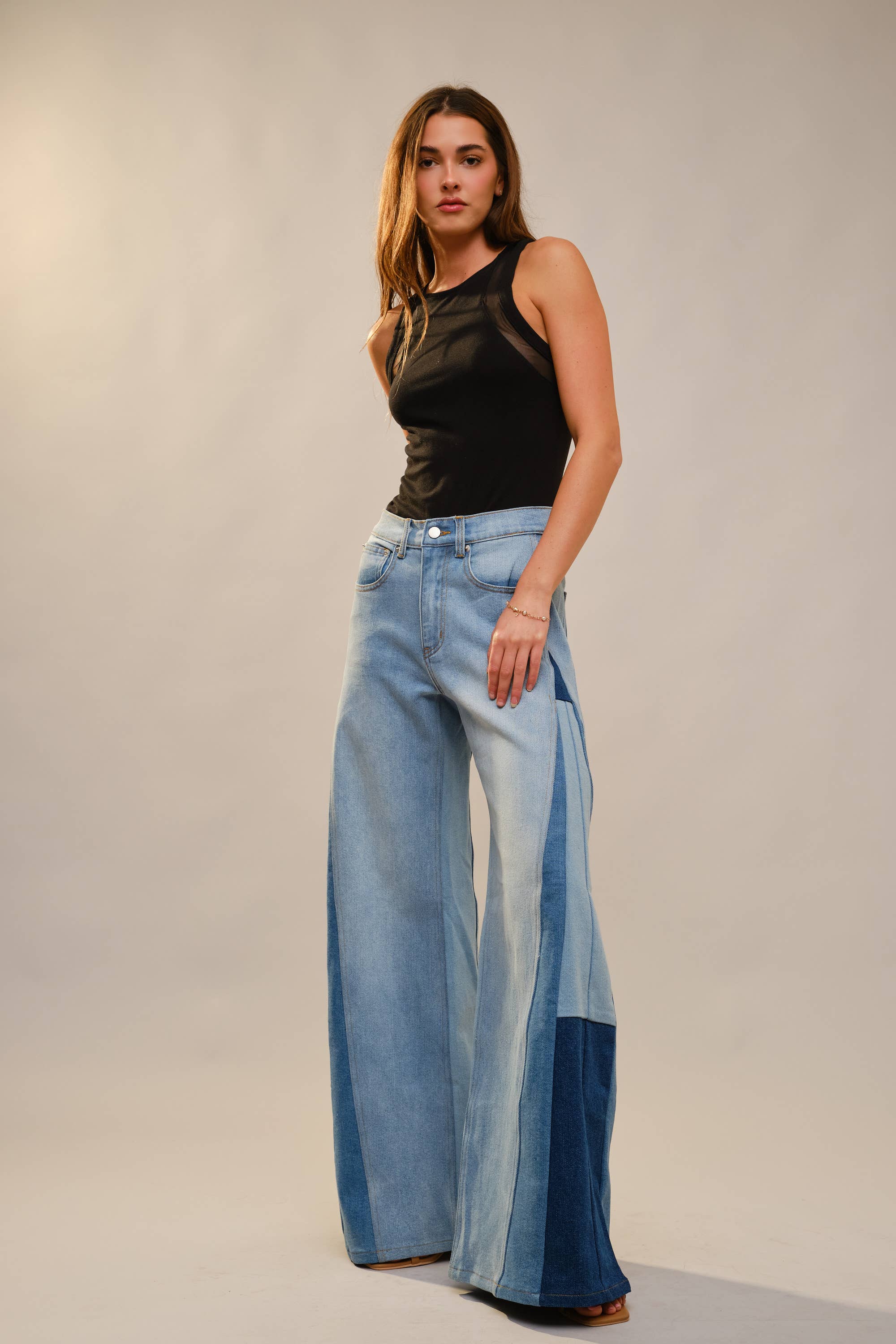 High Rise Super Wide Leg Color Block Jeans