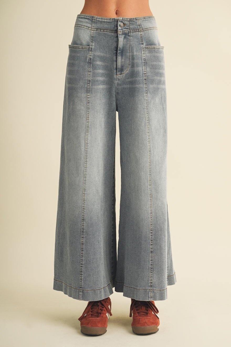 Vertical Seam Wide-Leg Denim Trousers