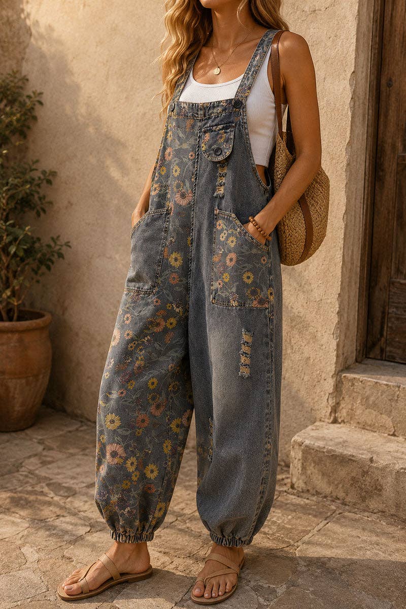 Floral Distressed Cargo Overalls
