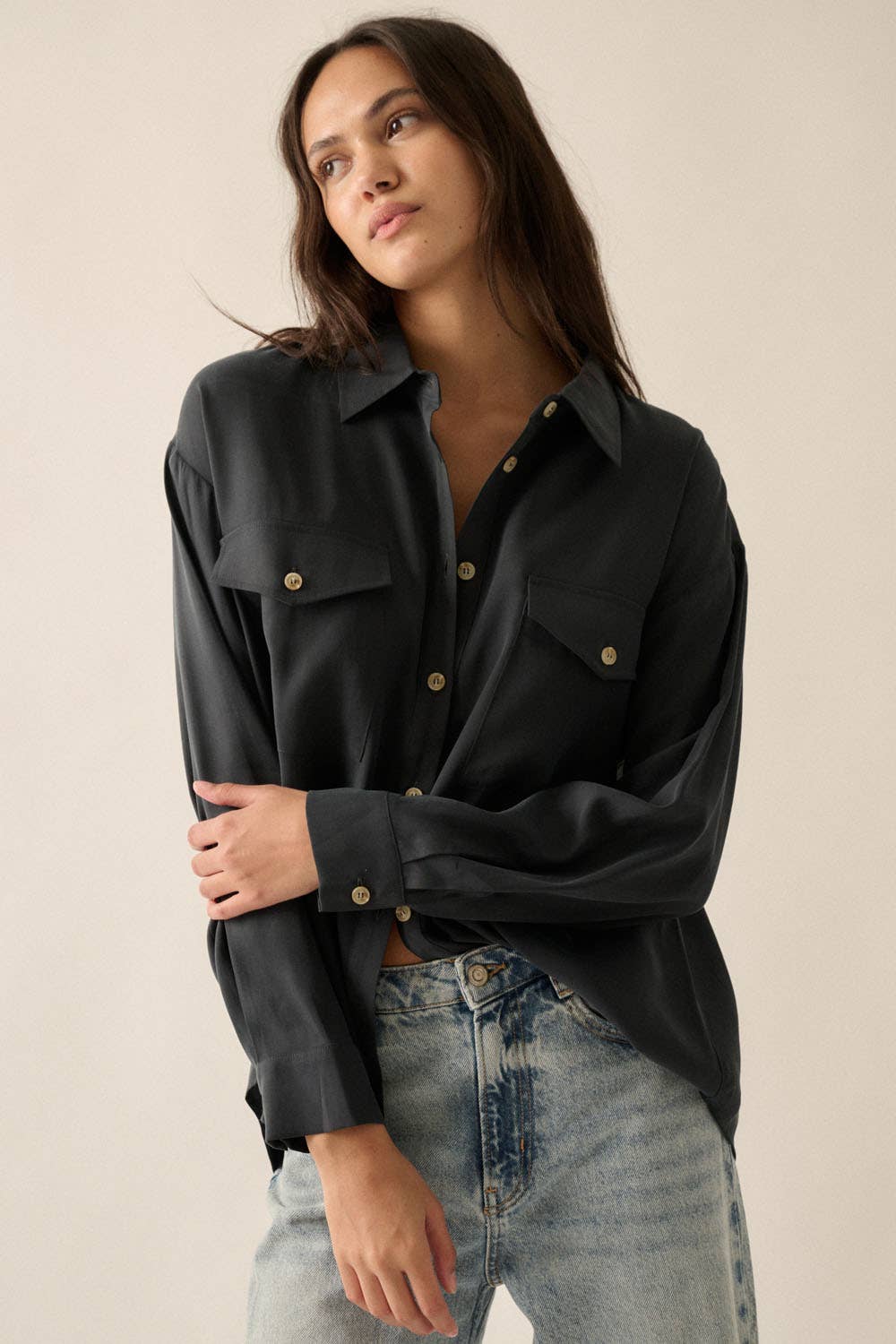Solid Woven Loose-Fit Button-Up Shirt
