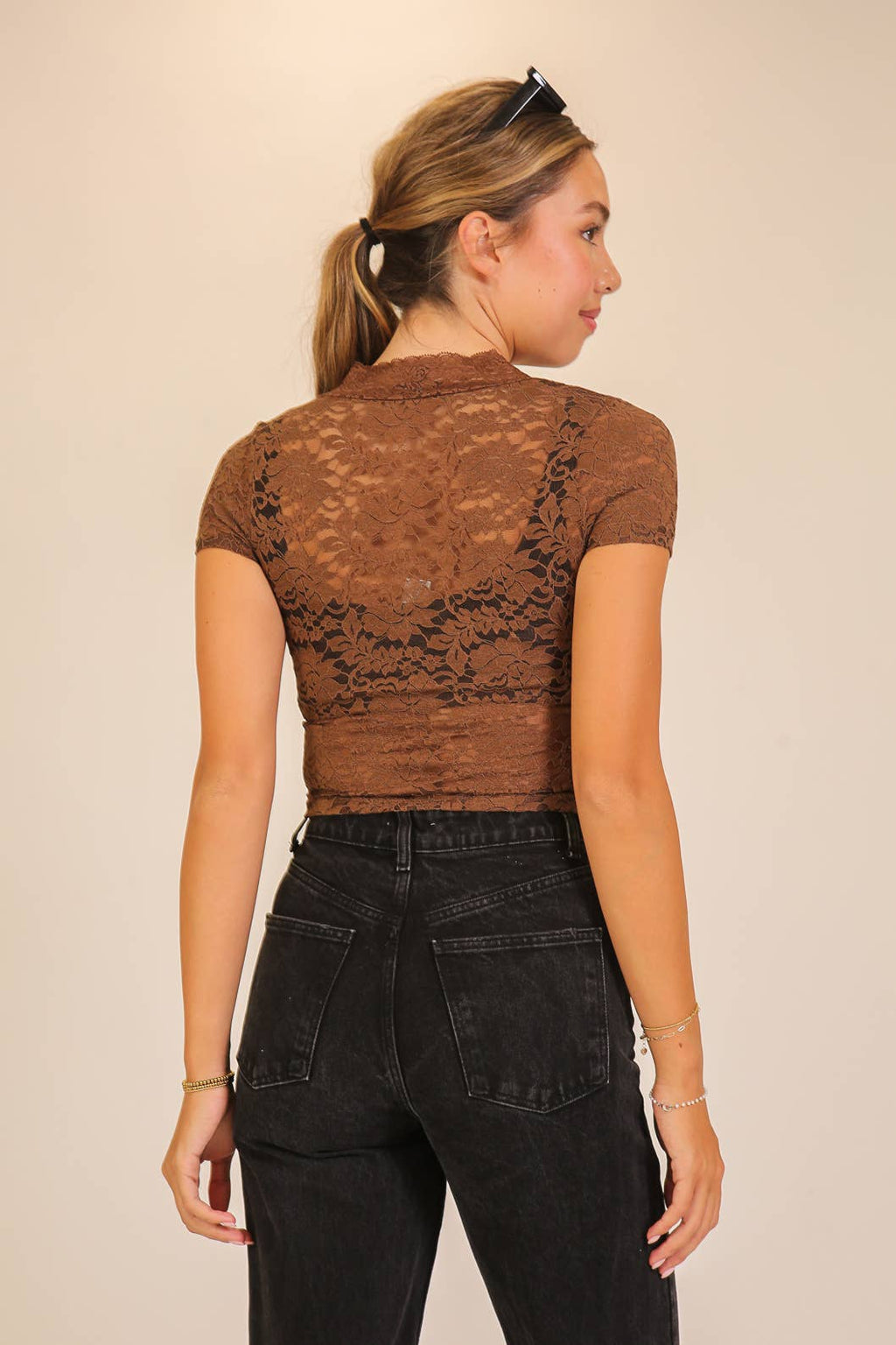 Deep V-Neck Floral Lace Short Sleeve Top
