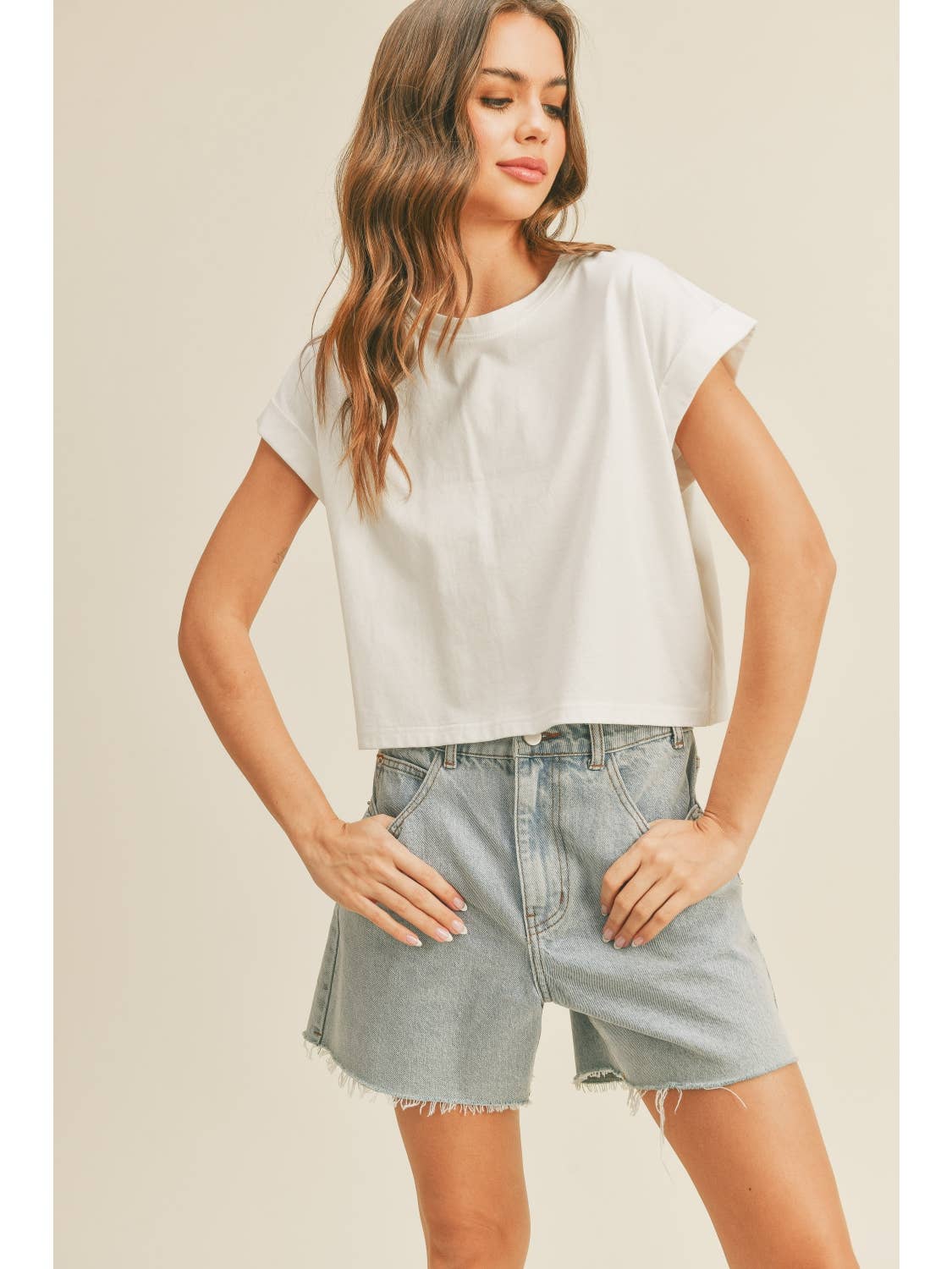 Round Neck Cuffed Sleeve Top