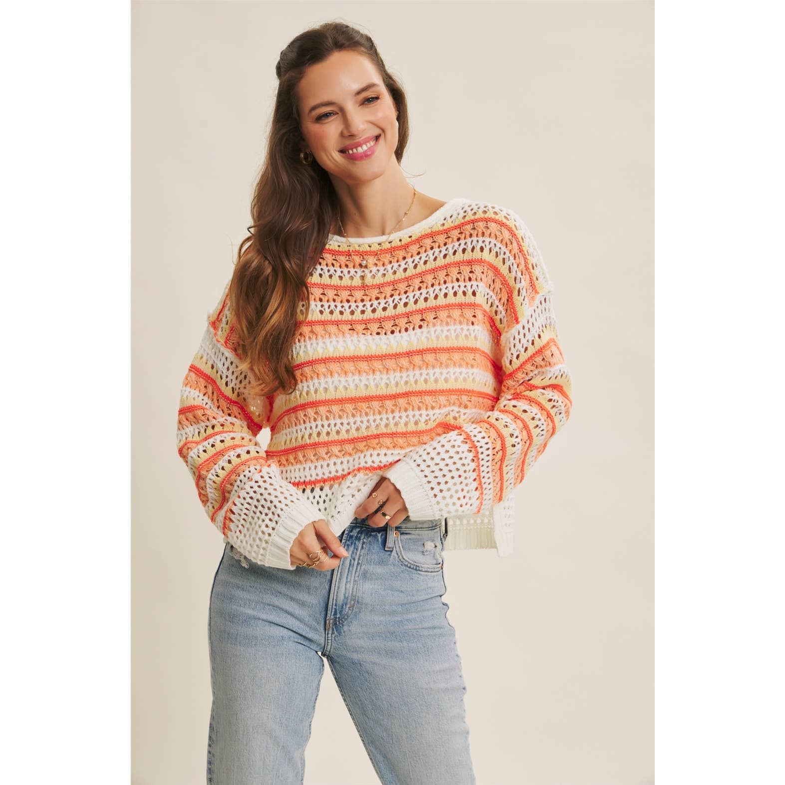 Loose Fit Stripe Crochet Sweater