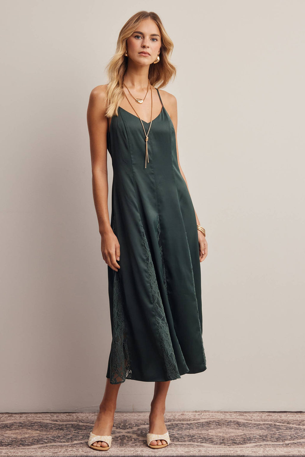 Lace Panel Satin Slip Midi Dress