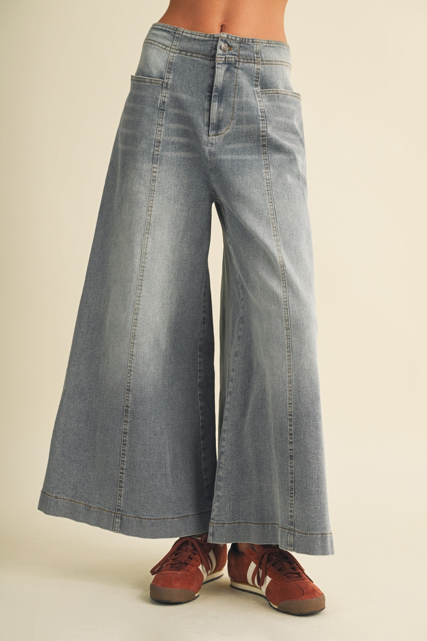 Vertical Seam Wide-Leg Denim Trousers
