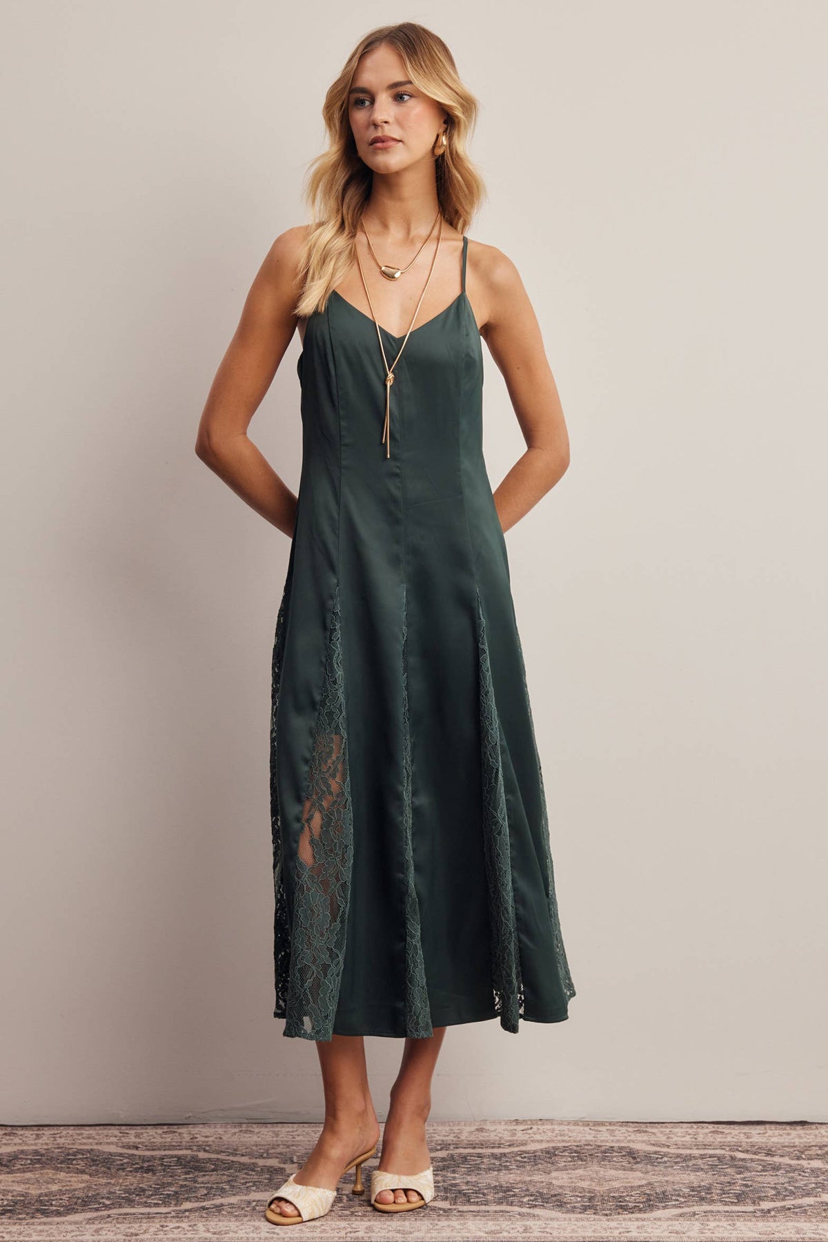 Lace Panel Satin Slip Midi Dress