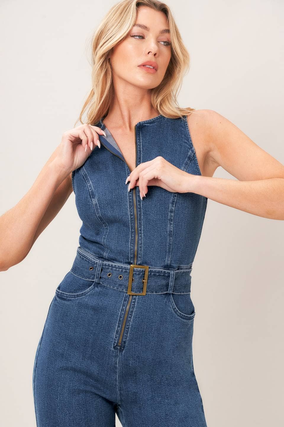 A washed denim jumpsuit