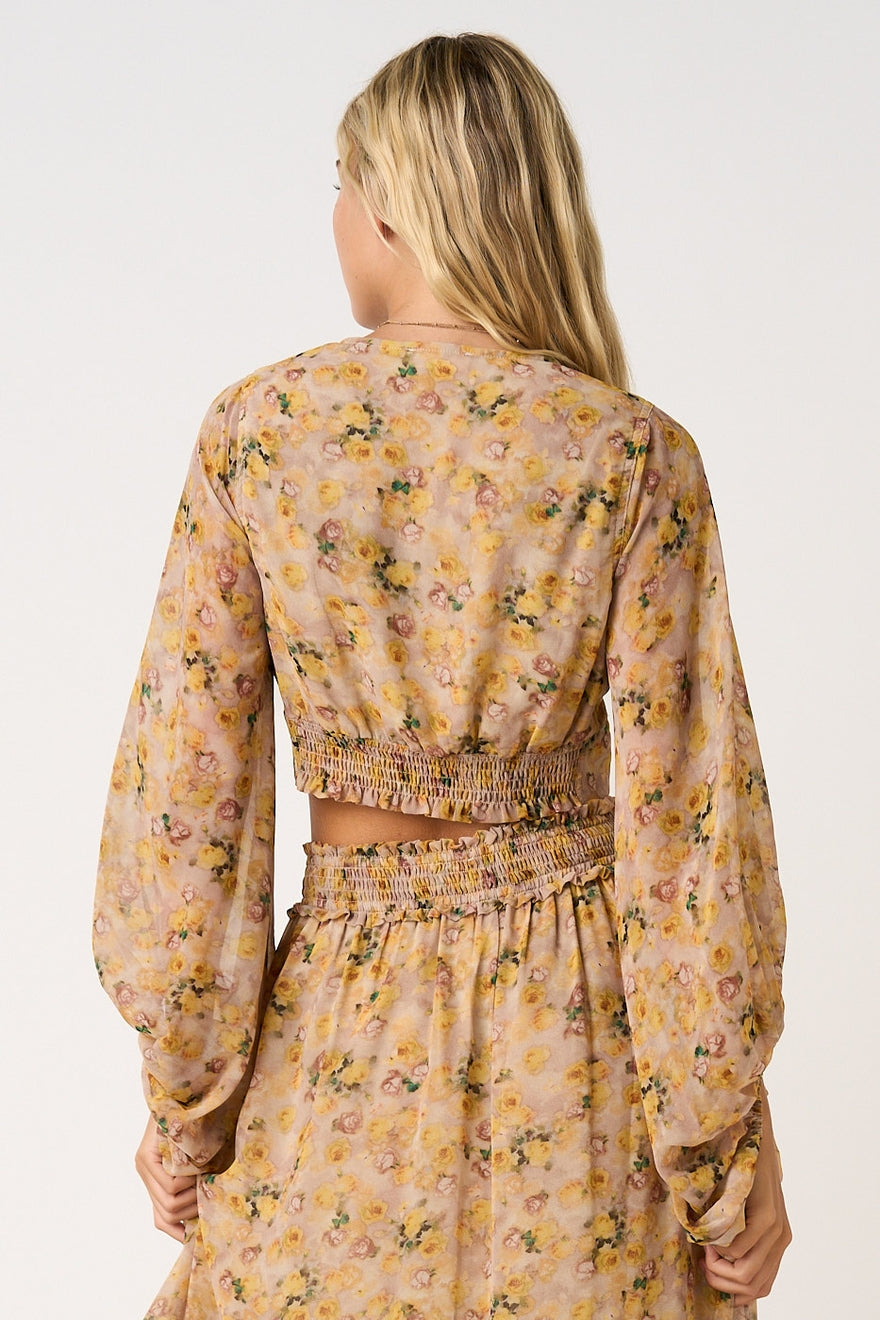 Floral Balloon Sleeve Cropped Blouse