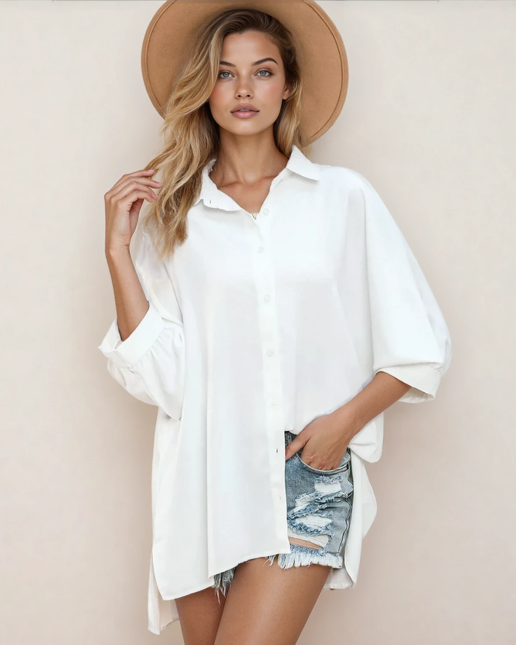 White Oversized Front Button Blouse