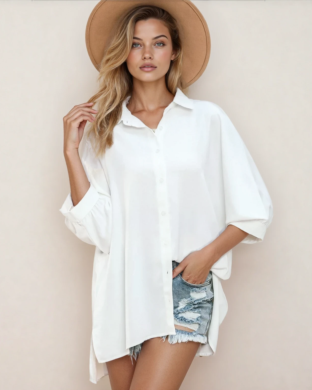 White Oversized Front Button Blouse