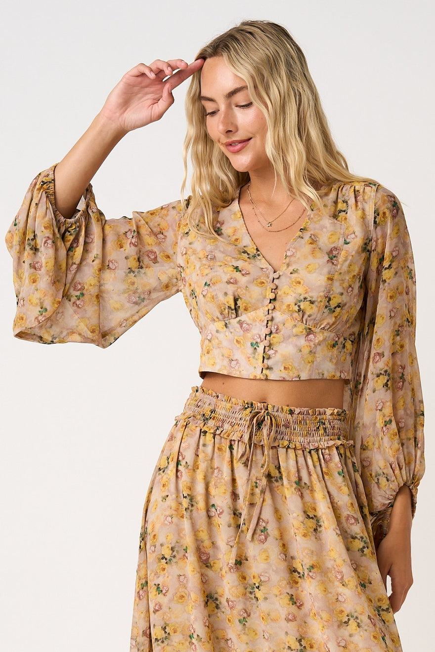 Floral Balloon Sleeve Cropped Blouse